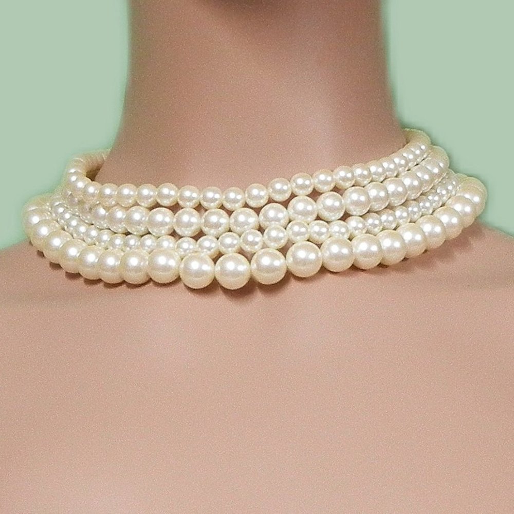 Vintage Cream 4 Strand Bead Fashion Necklace/ Choker w/ Gold Colored Hook Clasp